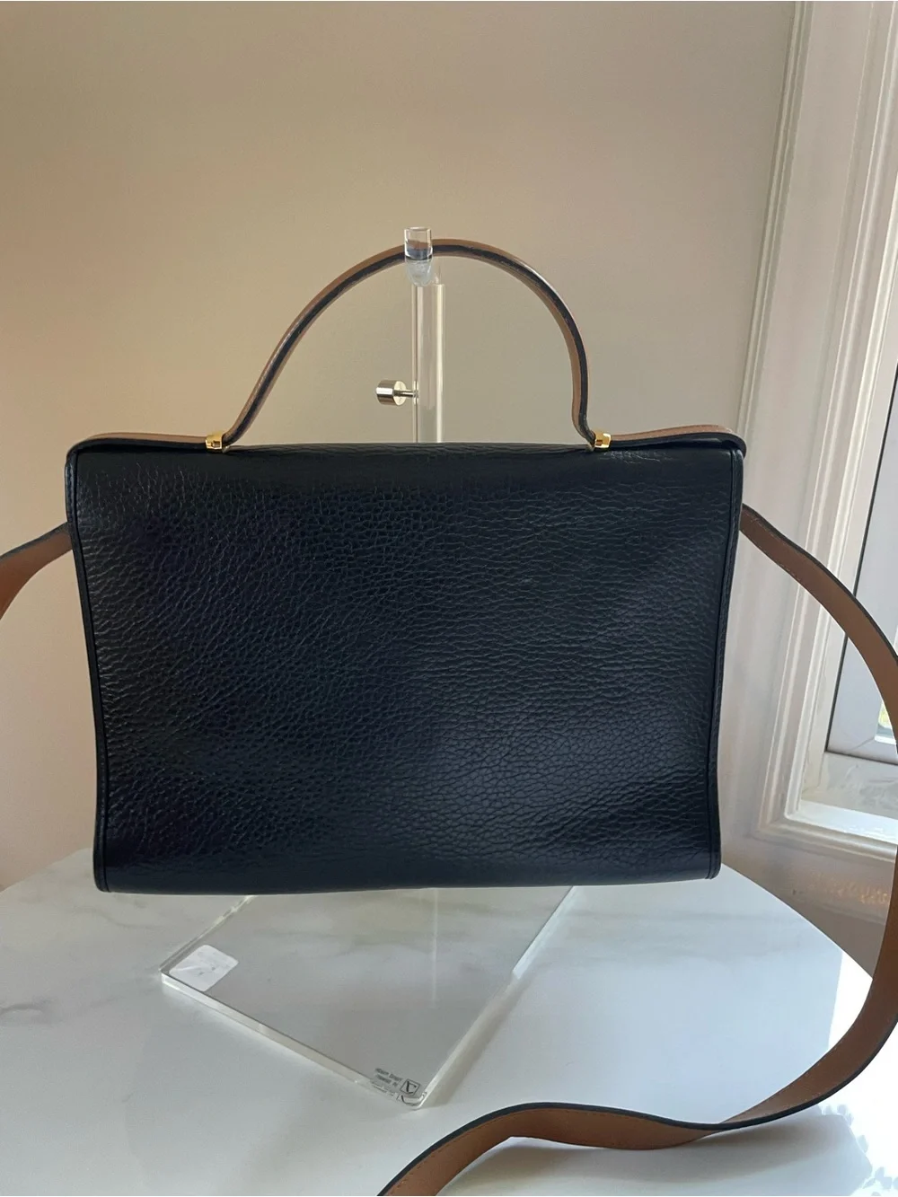 Dior Black Pebbled Leather Satchel with Tan Trim and Gold Hardware